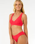 The Rip Curl Womens Premium Surf D-DD Deep V Bikini Top in Hibiscus Red
