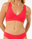 The Rip Curl Womens Premium Surf D-DD Deep V Bikini Top in Hibiscus Red