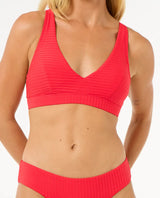 The Rip Curl Womens Premium Surf D-DD Deep V Bikini Top in Hibiscus Red