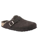 The Birkenstock Womens Boston Shearling Suede Leather Sandals in Mocca