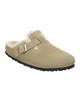The Birkenstock Womens Boston Shearling Suede Leather Sandals in Taupe