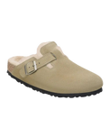 The Birkenstock Womens Boston Shearling Suede Leather Sandals in Taupe