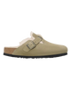 The Birkenstock Womens Boston Shearling Suede Leather Sandals in Taupe
