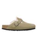 The Birkenstock Womens Boston Shearling Suede Leather Sandals in Taupe