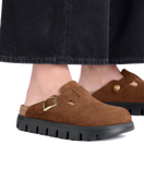 The Birkenstock Womens Papillio Boston Chunky Suede Leather Sandals in Dark Tea & Black