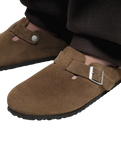 Boston Soft Footbed Suede Leather Sandals in Dark Tea