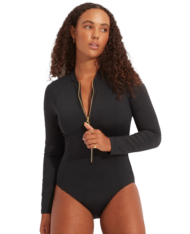 The Seafolly Womens Collective Zip Front Surfsuit (2023) in Black