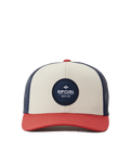 The Rip Curl Mens Routine Curve Trucker Cap in White, Navy & Red
