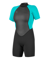 The O'Neill Womens Reactor-2 2mm Back Zip Shorty Wetsuit in Black & Light Aqua