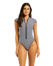 Clubhouse Cap Sleeve Zip Front One Piece Swimsuit in True Navy