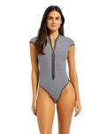 Clubhouse Cap Sleeve Zip Front One Piece Swimsuit in True Navy