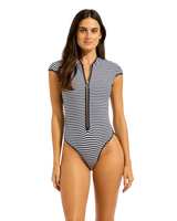 Clubhouse Cap Sleeve Zip Front One Piece Swimsuit in True Navy