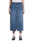 The Dickies Womens Long Denim Skirt in Rinsed Blue & Fade