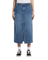 The Dickies Womens Long Denim Skirt in Rinsed Blue & Fade