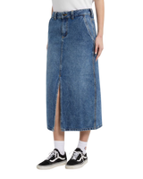 The Dickies Womens Long Denim Skirt in Rinsed Blue & Fade