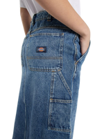 The Dickies Womens Long Denim Skirt in Rinsed Blue & Fade