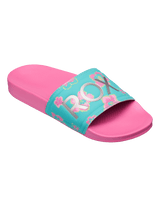 Girls Slippy II Printed Sliders in Light Green & Magenta