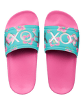 Girls Slippy II Printed Sliders in Light Green & Magenta