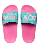 Girls Slippy II Printed Sliders in Light Green & Magenta