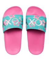 Girls Slippy II Printed Sliders in Light Green & Magenta