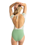 The Roxy Womens Hibiscus Daze Short Sleeve Onesie Swimsuit in Basil Party Waves