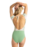 The Roxy Womens Hibiscus Daze Short Sleeve Onesie Swimsuit in Basil Party Waves