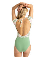 The Roxy Womens Hibiscus Daze Short Sleeve Onesie Swimsuit in Basil Party Waves