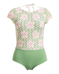 The Roxy Womens Hibiscus Daze Short Sleeve Onesie Swimsuit in Basil Party Waves