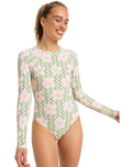 The Roxy Womens Hibiscus Daze Long Sleeve Onesie Swimsuit in Basil Party Waves