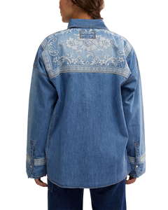 Lace Embroidered Denim Shirt in Medium Rancher Wash