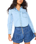 Shrunken Denim Indigo Shirt in Light Wash Faded