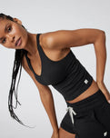 The Vuori Womens Halo Performance Crop Tank Top 2.0 in Black Heather