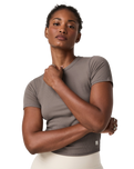 The Vuori Womens Pose Fitted T-Shirt in Smokey Taupe