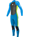 A boy wearing a blue and green long-sleeved back zip wetsuit.