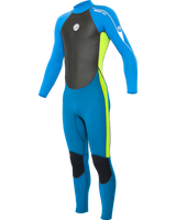 A boy wearing a blue and green long-sleeved back zip wetsuit.