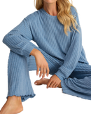 Dawn Smocked Silky Rib Trousers in Oceanic Blue